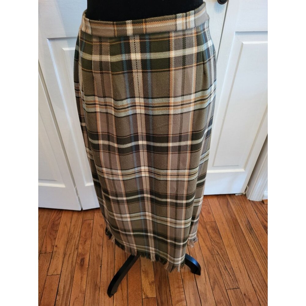 Vintage 90's Green Plaid Maxi Skirt Fringe sz 8P Preppy Academia Equestrian - Picture 5 of 6